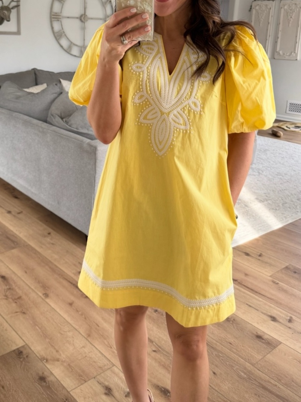 Beautifully Embroidered Lemon Yellow V-Neck Dress Fully lined